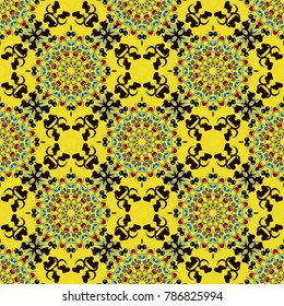 Cute vector background. Print for fabric and paper. Seamless pattern with mandalas in yellow, black and blue colors.