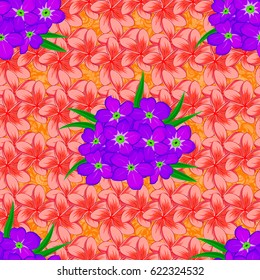 Cute vector background. Seamless abstract floral pattern on a orange background. Graphic modern pattern. Geometric leaf ornament. Seamless pattern with plumeria flowers.