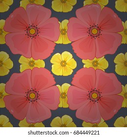 Cute vector background. Seamless abstract floral pattern on a gray background. Graphic modern pattern. Geometric leaf ornament. Seamless pattern with cosmos flowers.