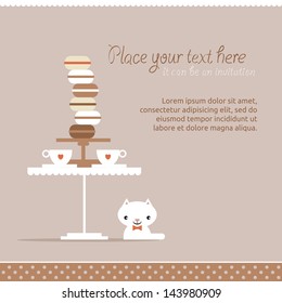 Cute vector background with sweets and little cat. Invitation. Tea time