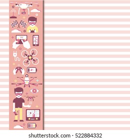 Cute vector background template with striped background and decorative flat icons of quadcopters, air drones, gadgets etc. for invitation or greeting card, covers, advertising. Lovely pink palette.