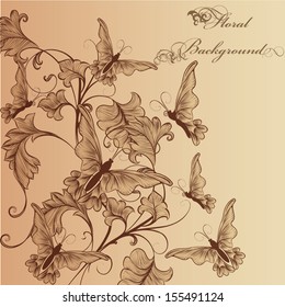 Cute vector background in vintage style with hand drawn butterflies