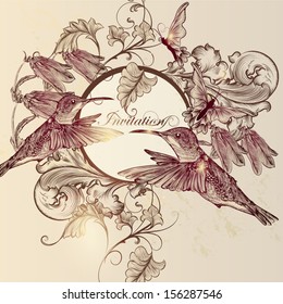 Cute vector background in vintage style with hand drawn butterflies and birds