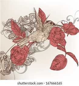 Cute vector background in vintage style with hand drawn birds