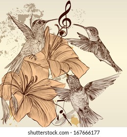Cute vector background in vintage style with hand drawn birds