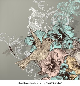 Cute vector background in vintage style with hand drawn birds and flowers 