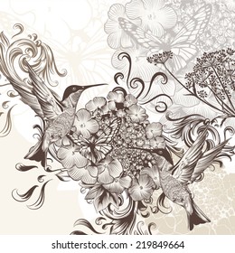 Cute vector background in vintage style with hand drawn butterfly and birds