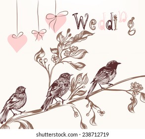 Cute vector background in vintage style with hand drawn birds
