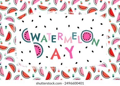 Cute Vector Background with Watermelon Slices in Pink, Red, Green, and Mint Colors, Summer fruit pattern banner design