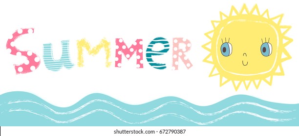 Cute vector background with the word summer, a cute sun and sea waves on white