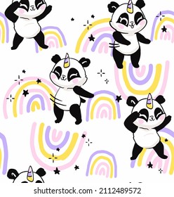 Cute vector background.Pandas with unicorn horn dancing on the background of colored rainbows. Seamless background for your creations 