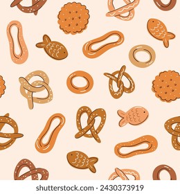 Cute vector bakery seamless pattern in hand-drawn style. Vector food seamless print design. Stylized illustrated pretzels and other drying bakery on light pink background. 