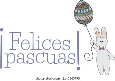 Cute vector banner with a bunny wearing a bow tie and holding a balloon shaped as an easter egg, next to a sign that says "Happy Easter!" in Spanish.