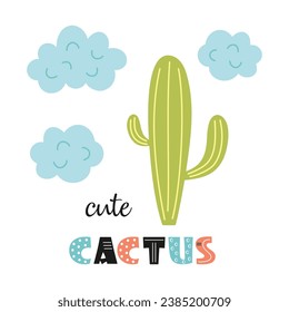 banner vectorial lindo, caricatura de cactus con nubes y cita aislada en símbolo blanco, mexicano