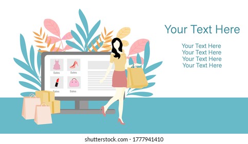 Cute vector banner flat design girl shopping online with computer smartphone technology,make social distancing, can buy everything via online purchasing store,web design shop online blue pink concept.