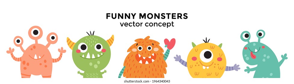 cute vector banner, funny monsters are standing in a row, prefect for kids projects