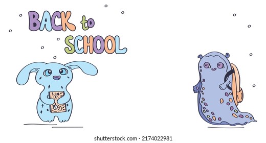 Cute vector banner with monster characters. Back to school celebrating and going to study illustration.