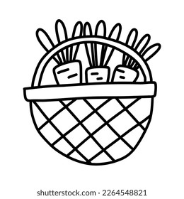 Cute vector basket with easter carrot in doodle style isolated on white background. Vector doodle illustration.