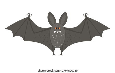 Cute vector bat with spread wings. Halloween character icon. Funny autumn all saints eve illustration with flying black animal. Samhain party sign design for kids. 
