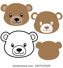 Cute vector bear head, brown bear face vector, bear face outline isolated on white background
