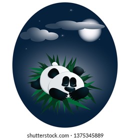 Cute vector bear Panda is sleeping on bamboo leaves in a starry night. The moon shines on him. Clouds float across the sky.