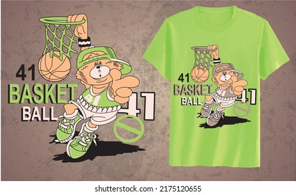 cute vector bear playing basketball with t shirt and text .