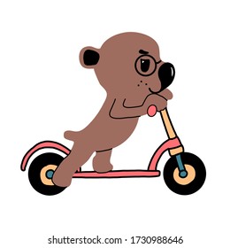 cute vector bear rides a scooter.Teddy character in round glasses. Vector illustration in cartoon style. for design of posters, t-shirts, children's items, toys. Isolated on a white background.