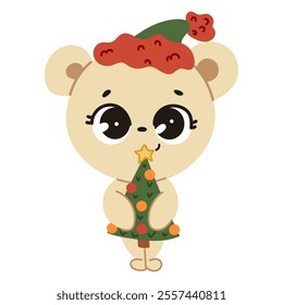 Cute vector bear wearing a Christmas hat with a cute Christmas tree in his paws. Flat vector illustration isolated on white background.