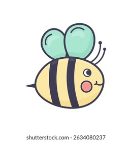 Cute vector bee in doodle style on white background. Yellow with black stripes and green wings. Perfect for kids’ designs, stickers, spring decor. Isolated stock vector.