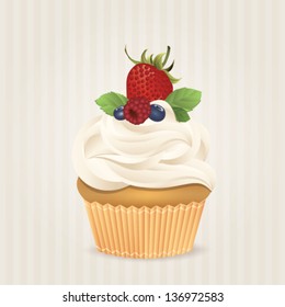 Cute vector berry cupcake on delicate striped background. Cupcake collection.