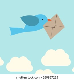 Cute vector bird carrying envelope on sky background with clouds. EPS 10 vector illustration, no transparency