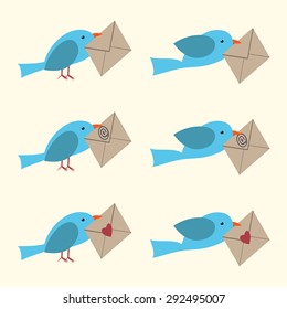 Cute vector bird carrying envelope set. E-mail, love, Valentine's day. EPS 10 vector illustration, no transparency