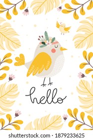 Pájaro vector lindo con flores, ramas, hojas y letras.  Marco floral. Pájaro bebé aislado por la mano.  Ilustración portadora infantil.  Se puede usar para carteles de enfermería, tarjeta de saludo. 