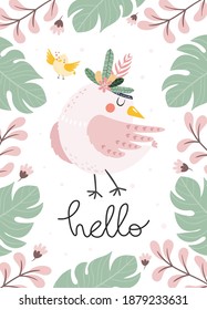 Feiner Vektor Vogel mit Blumen, Ästen, Blättern und Schriften.  Blumenrahmen. Handgezeichneter, isolierter Baby-Vogel.  Childische Vektorgrafik.  Kann für Kinderposter, Grußkarte verwendet werden. 