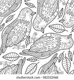 Cute vector bird and leaves forest seamless pattern. Abstract black and white print with birds and leaves. Scrapbook monochrome hand drawn paper