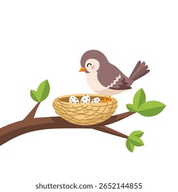 Cute vector of a bird sitting on a branch beside a nest filled with eggs. Ideal for spring, nature, motherhood, animal care, or educational illustrations
