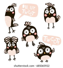 Cute vector birds cartoon characters isolated on white. Creative birds with speech bubbles