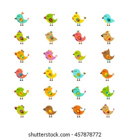 Cute vector birds isolated on white set in flat style