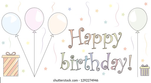 Cute vector birthday banner with presents and balloons in pastel colors