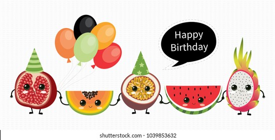 Cute vector birthday card with fruits characters. Papaya, pomegranate, passion fruit, watermelon,  dragon fruit. Summer. Tropical party.