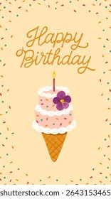 Cartão de aniversário vetor bonito com cone de sorvete de bolo pastel. Apresenta letras desenhadas à mão, vela, polvilhos e detalhes florais em estilo giz de giz de cera. Ótimo para convites, embalagens e artigos de papelaria