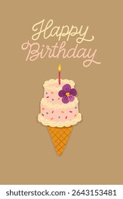 Cute vector birthday card with pastel cake ice cream cone, candle, floral decor and handwritten lettering on a craft background. Hand-drawn chalk style, ideal for invitations, packaging, greetings