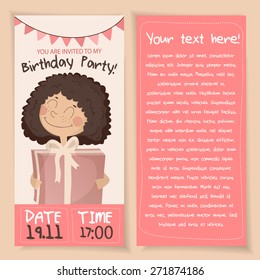 Cute vector Birthday card with a sweet girl with present