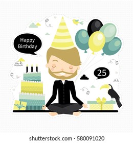 Cute vector birthday card with young boy. Handsome man. Cake, presents, balloons. Vector illustration