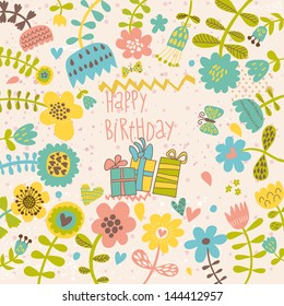 Cuta tarjeta de invitación de cumpleaños vectorial con regalos y flores. Plantilla de celebración floral en colores frescos,