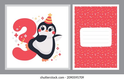 Cute vector birthday party cards with funny Penguins with balloon and confetti pattern. Celebratory holiday party cards