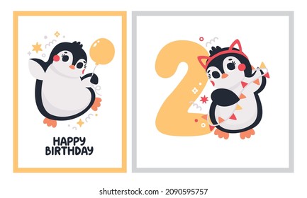 Cute vector birthday party cards with funny Penguins with balloons and confetti, garland, cat ears. Celebratory holiday party cards