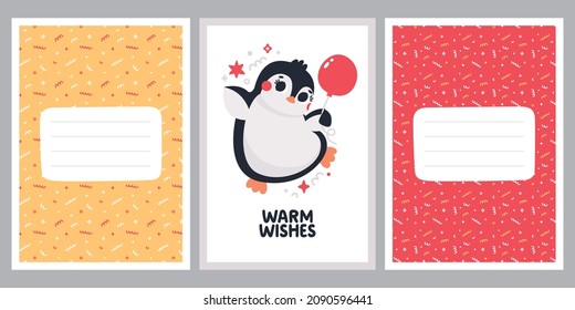 Cute vector birthday party cards with funny Penguins with balloon and confetti pattern. Celebratory holiday party cards