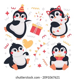 Cute vector birthday party clipart set with funny Penguins, garland, balloons, stars, birthday caps, gifts. Birthday party illustrations