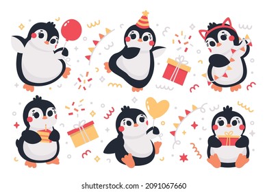 Cute vector birthday party clipart set with funny Penguins, garland, balloons, stars, birthday caps, gifts. Birthday party illustrations